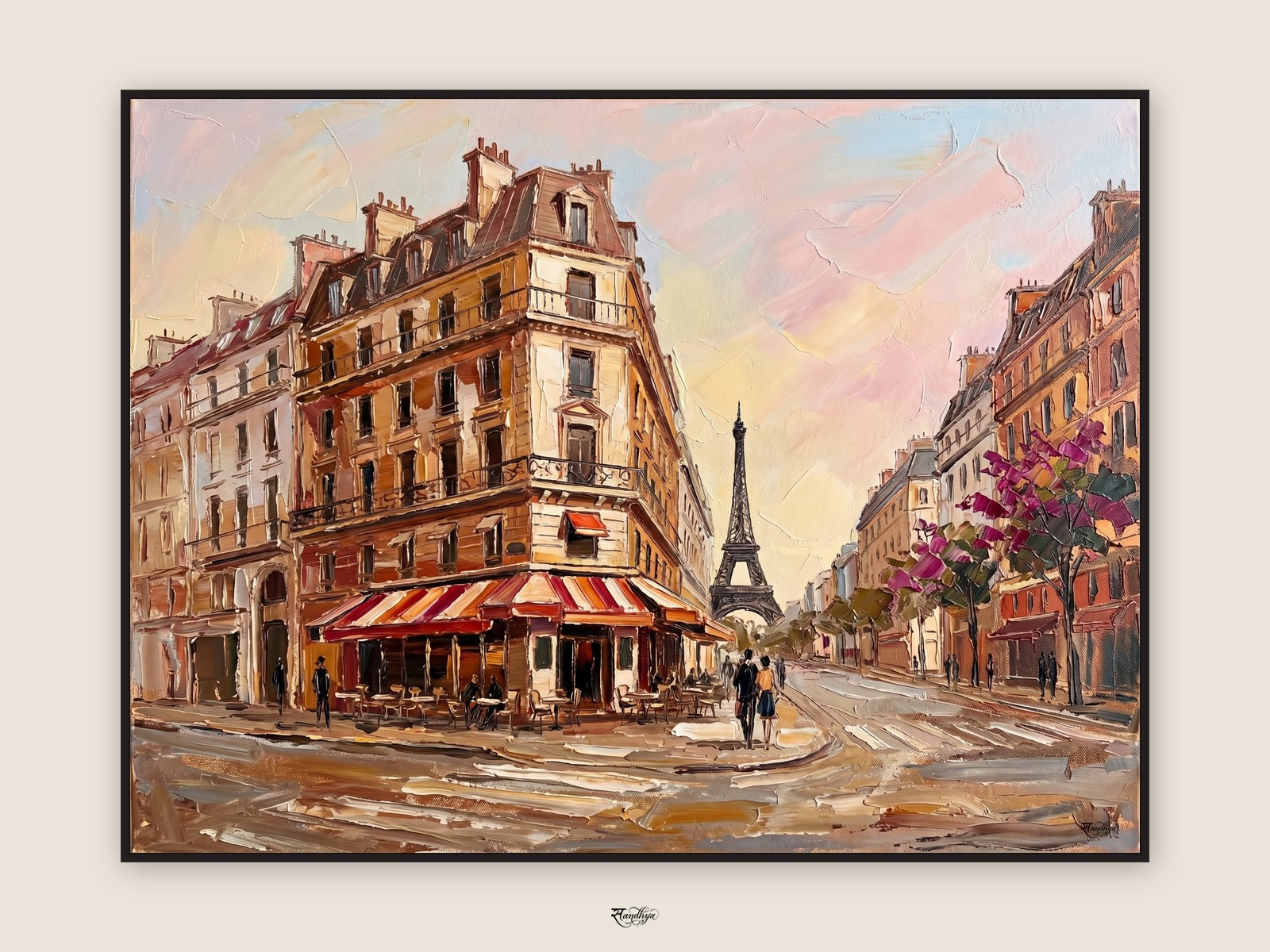 Paris Cafe Street, Paris, France &mdash; palette-knife oil on linen by Sandhya Kaushik.