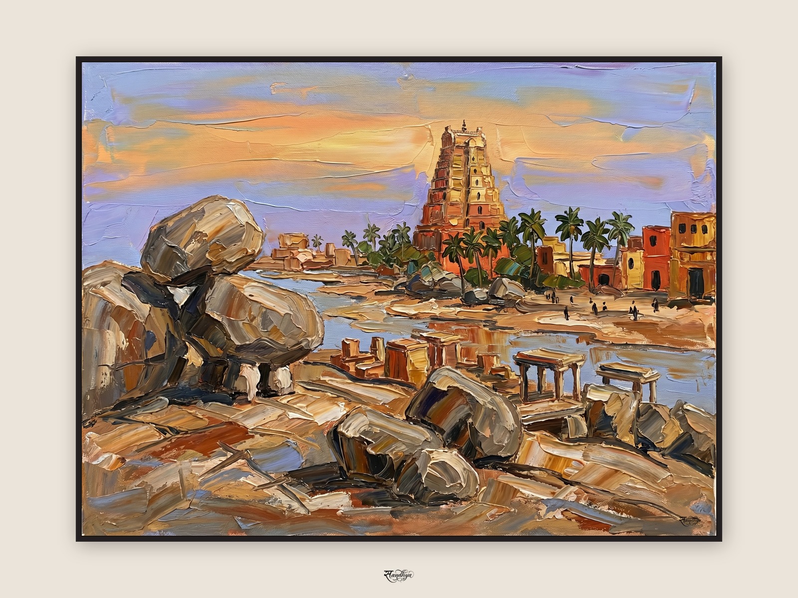 Hampi Ruins, Vijayanagara, Karnataka &mdash; palette-knife oil on linen by Sandhya Kaushik.