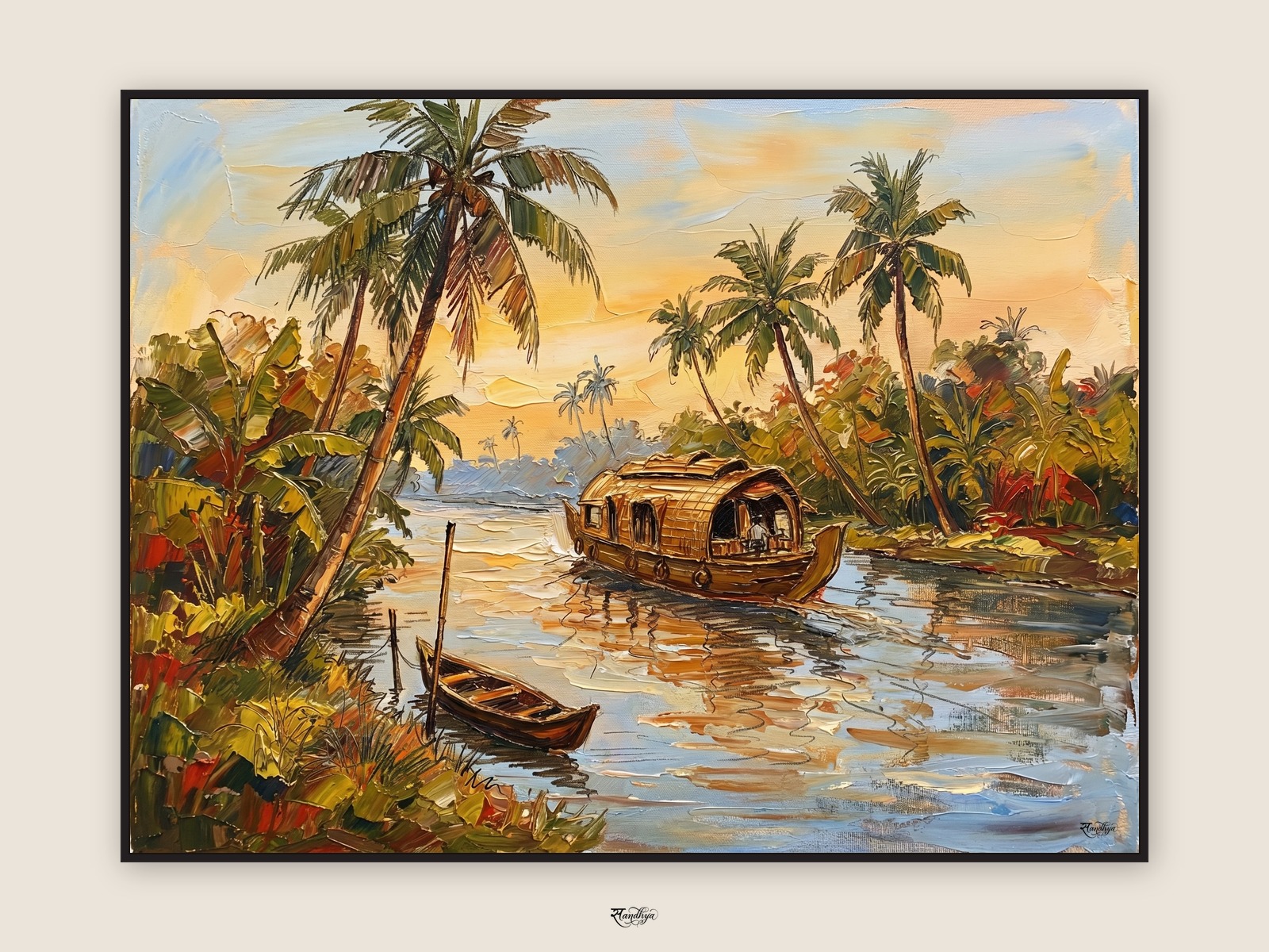 Kerala Backwaters, Kerala &mdash; palette-knife oil on linen by Sandhya Kaushik.