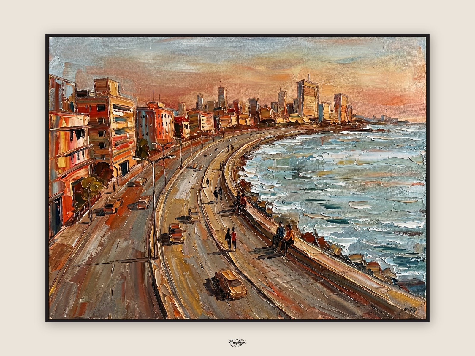 Mumbai Marine Drive, Mumbai, Maharashtra &mdash; palette-knife oil on linen by Sandhya Kaushik.