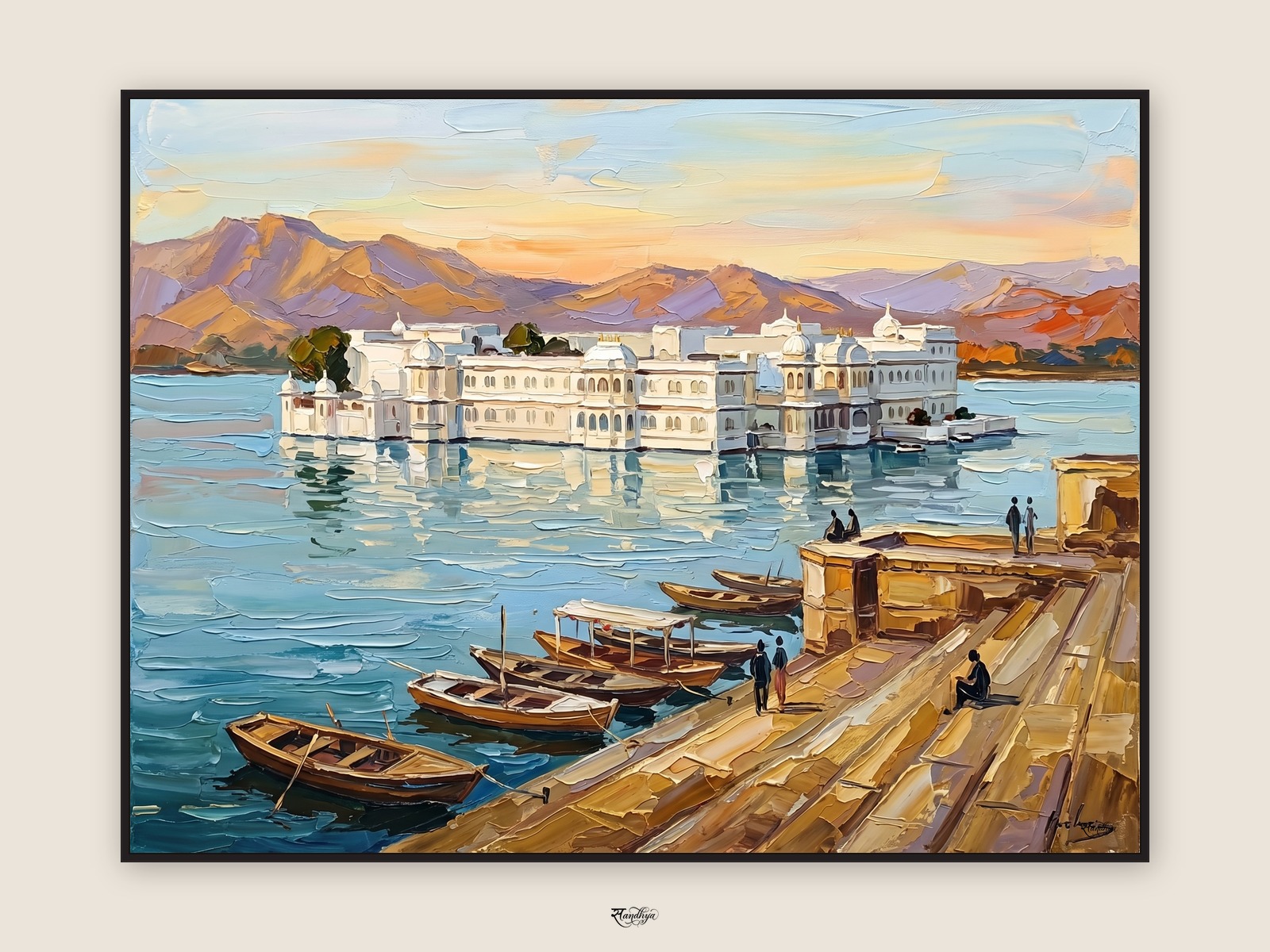 Udaipur Lake Palace, Udaipur, Rajasthan &mdash; palette-knife oil on linen by Sandhya Kaushik.