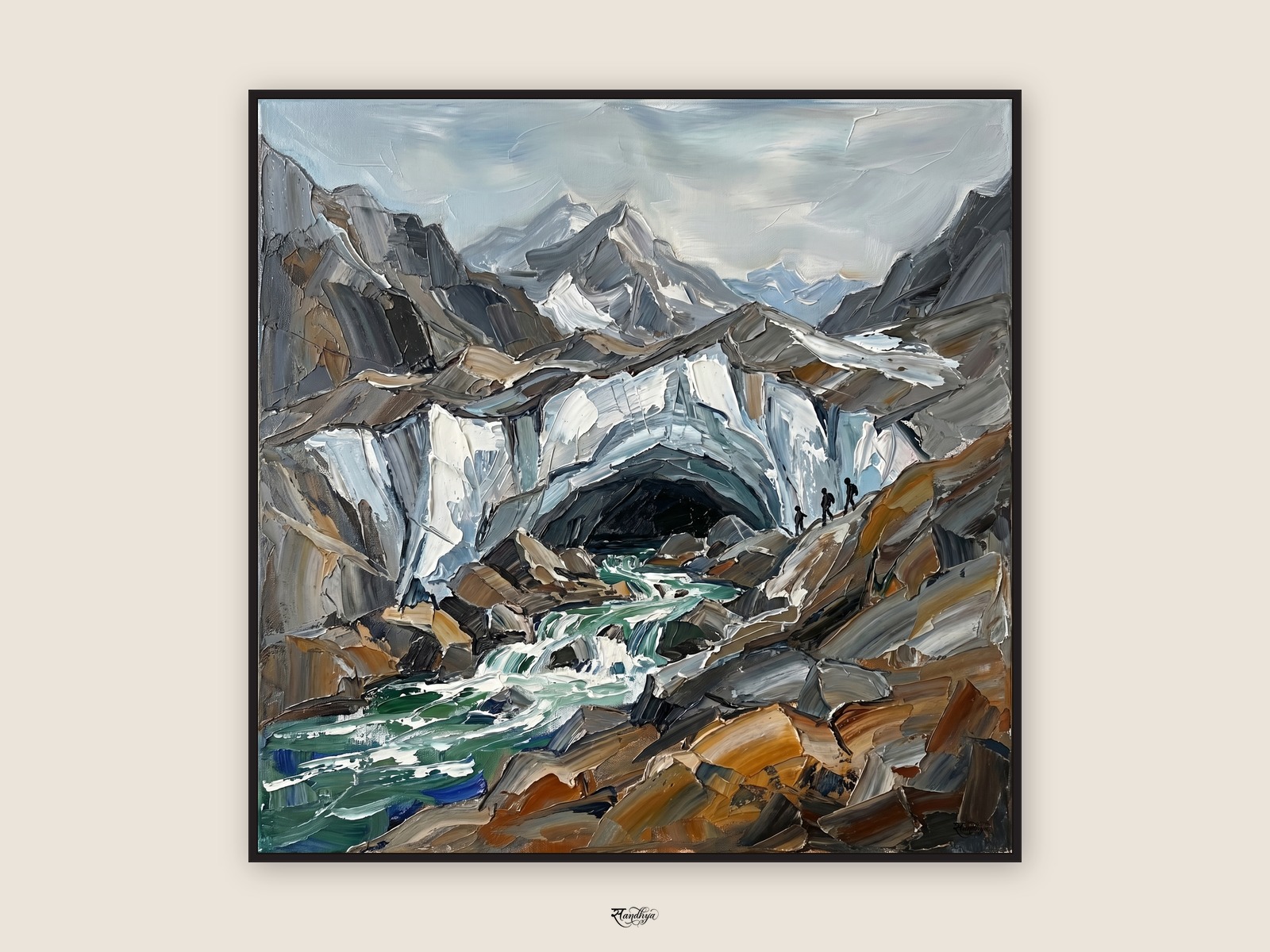 The Ganges source at Gaumukh — palette-knife oil on linen by Sandhya Kaushik.