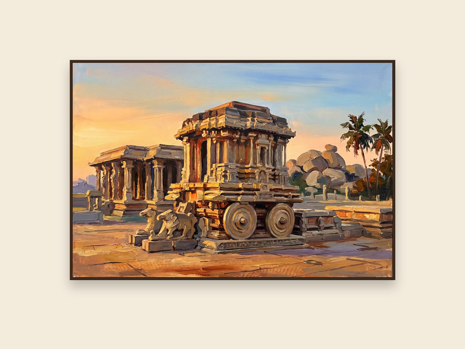 Hampi Vittala Chariot, Vijayanagara, Karnataka &mdash; palette-knife oil on linen by Sandhya Kaushik.