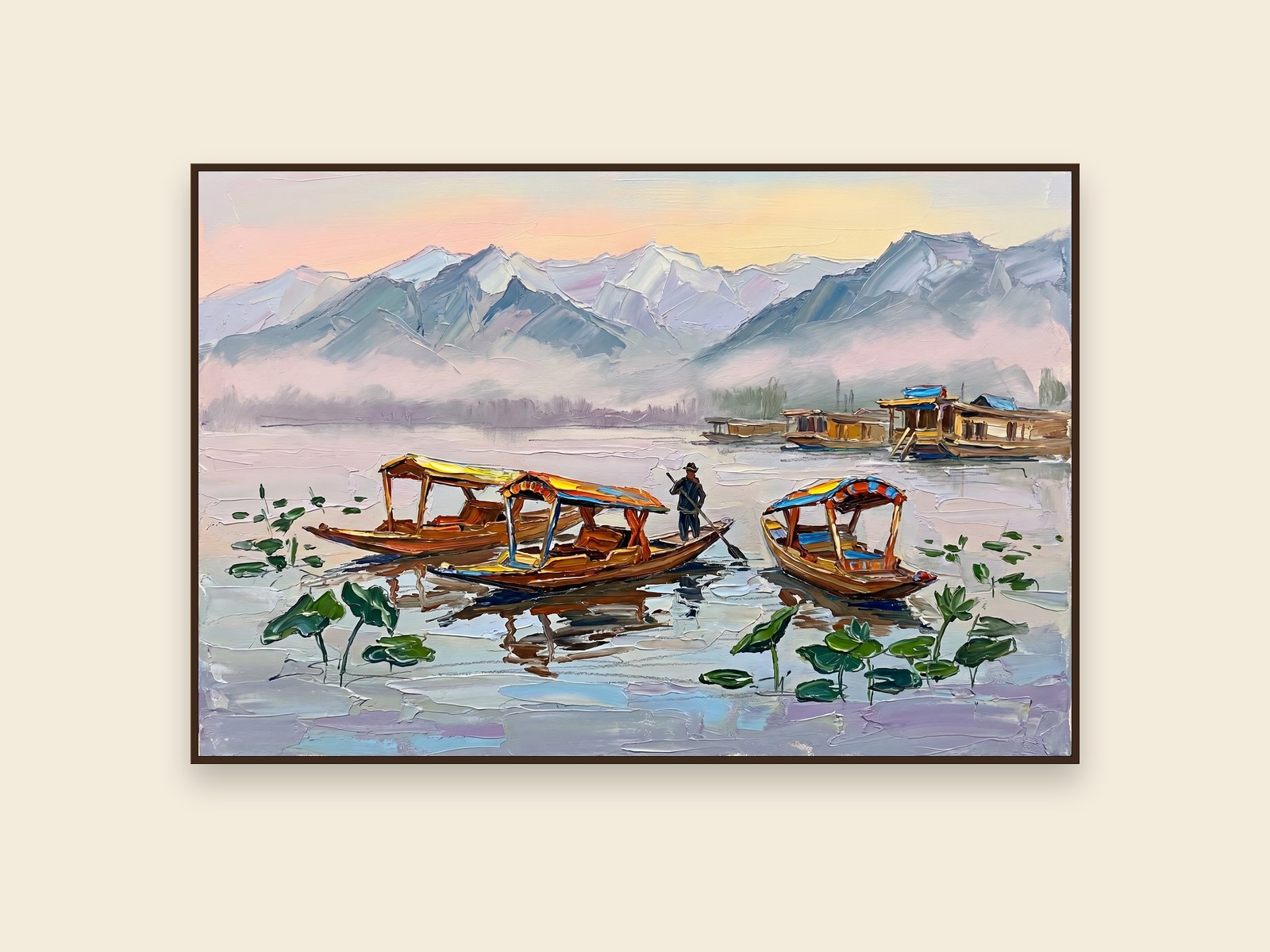 Kashmir Shikaras Dal Lake, Srinagar, Jammu & Kashmir &mdash; palette-knife oil on linen by Sandhya Kaushik.