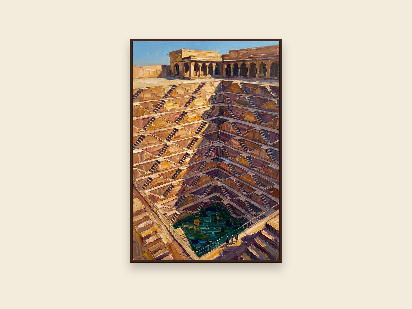 Chand Baori Stepwell, Abhaneri, Rajasthan &mdash; palette-knife oil on linen by Sandhya Kaushik.