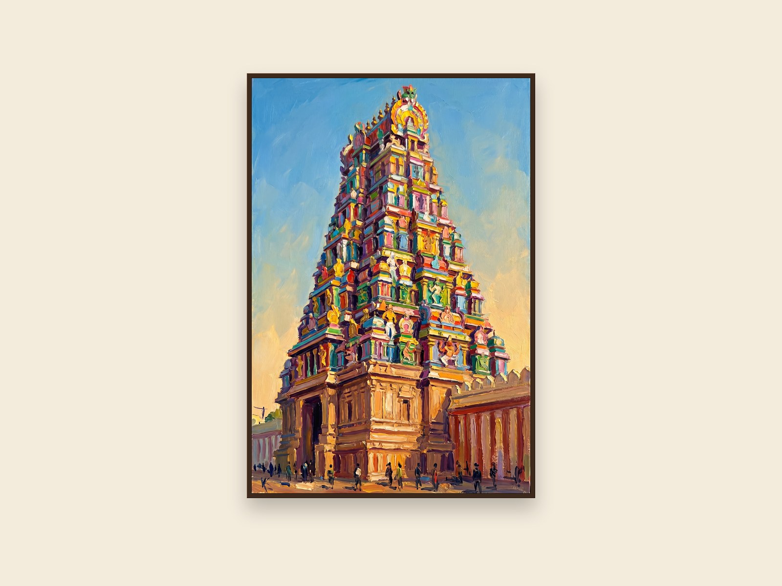 Madurai Meenakshi Gopuram Tall, Madurai, Tamil Nadu &mdash; palette-knife oil on linen by Sandhya Kaushik.