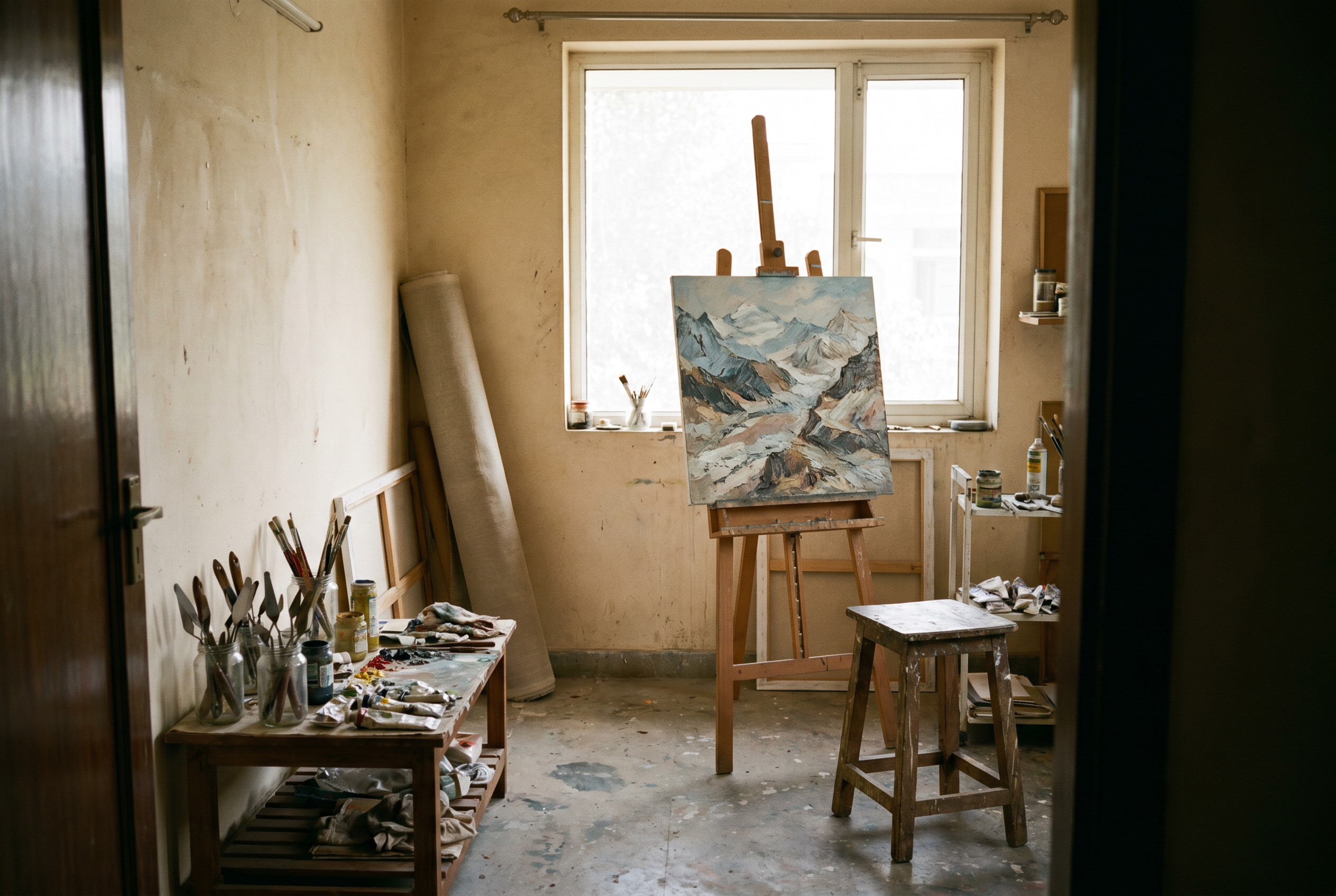 The Faridabad studio &mdash; raw plaster wall, north-window light, easel with a half-finished canvas.
