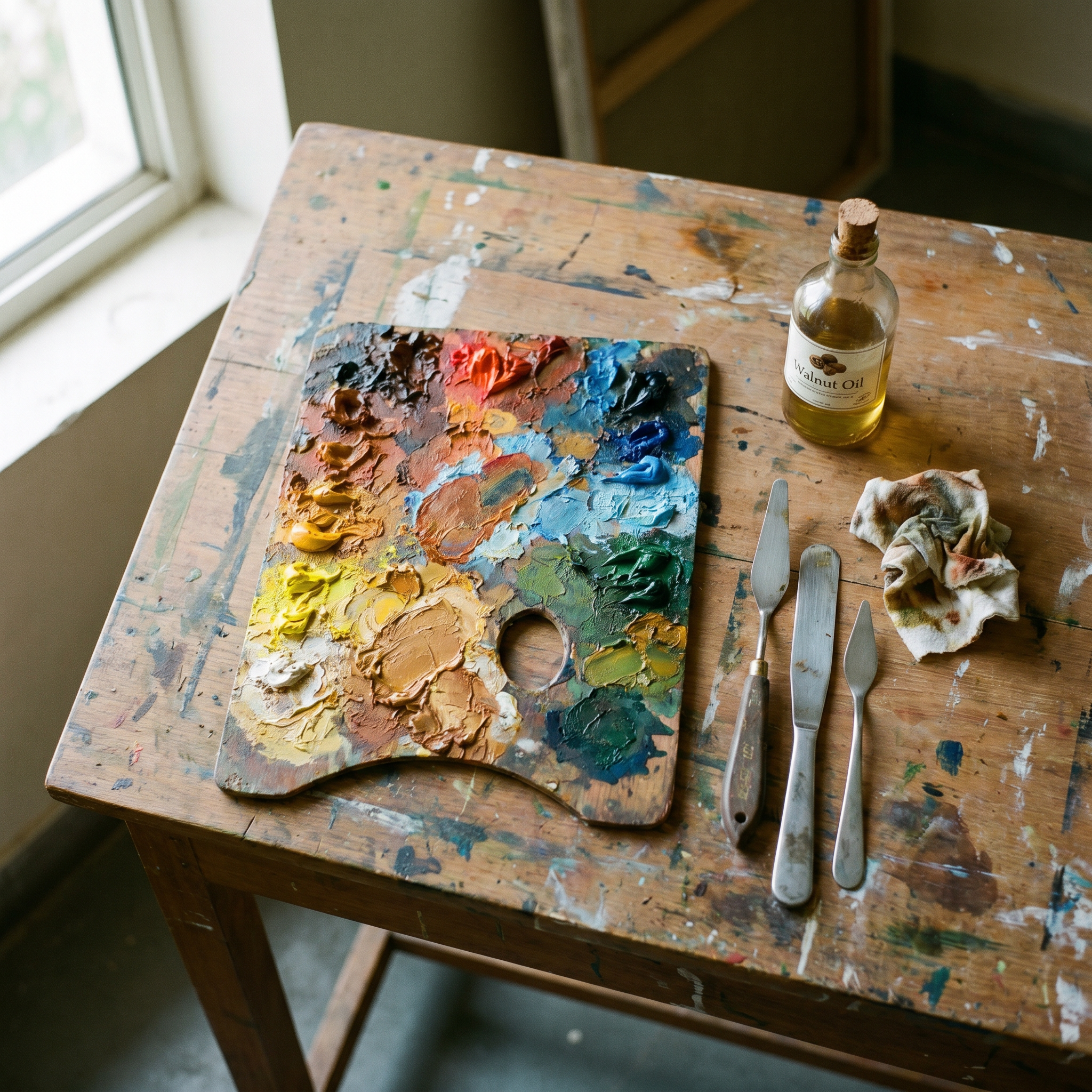 A hand mid-stroke, loading a palette knife at the canvas edge.