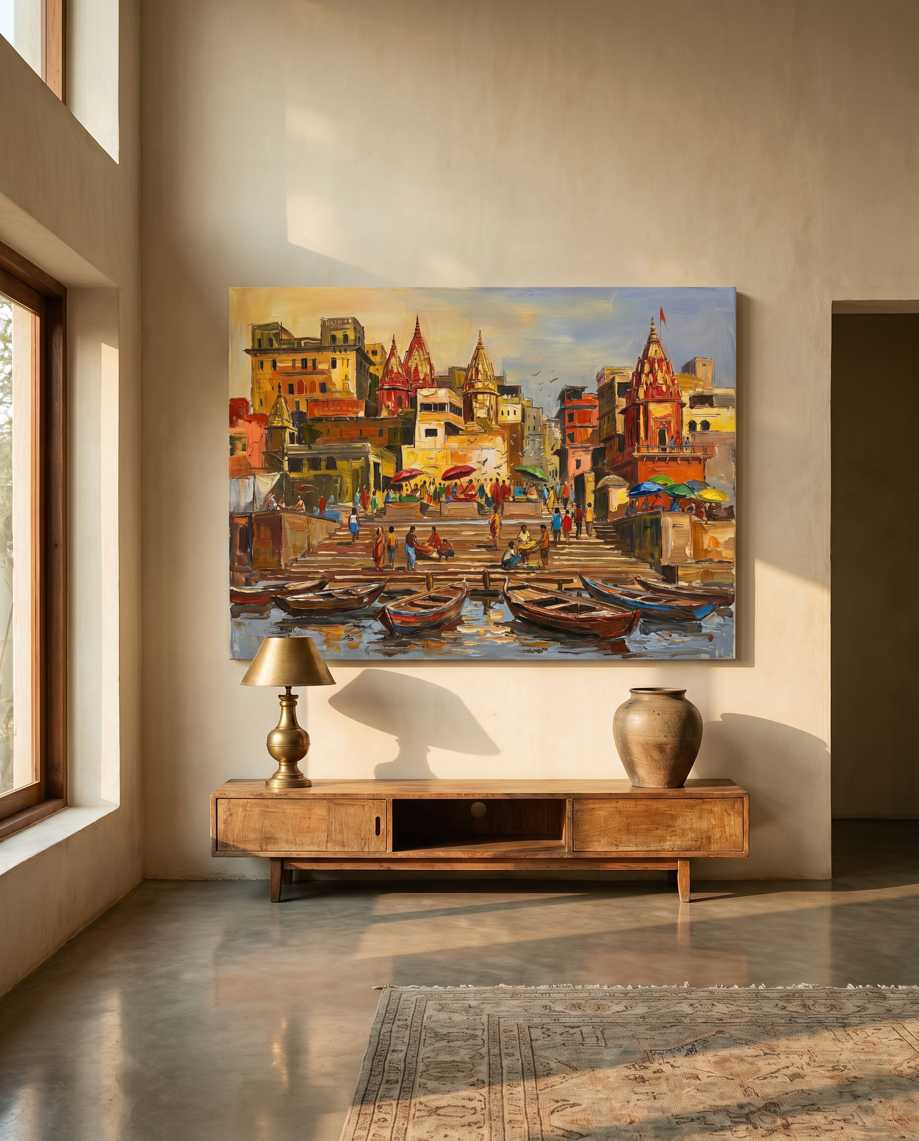 Dashashwamedh at First Light shown framed in a warm-neutral interior &mdash; in-situ placement reference.