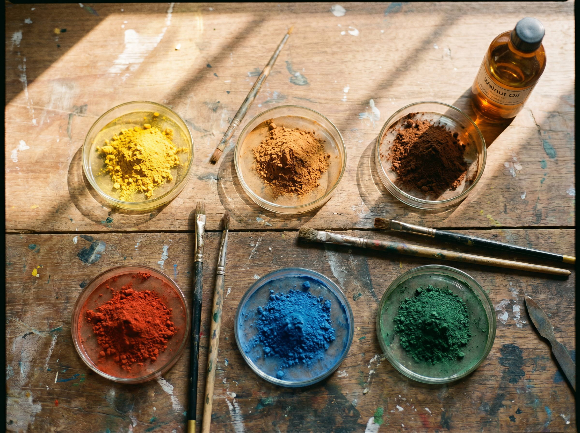 The artist's hand loading colour onto a palette knife at the canvas edge — north-window light in the Faridabad studio.