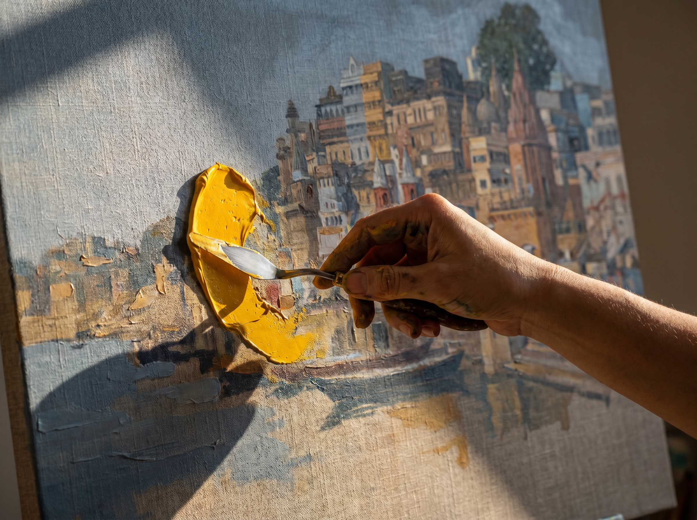 The studio &mdash; sketch and brushwork on a stretched canvas.
